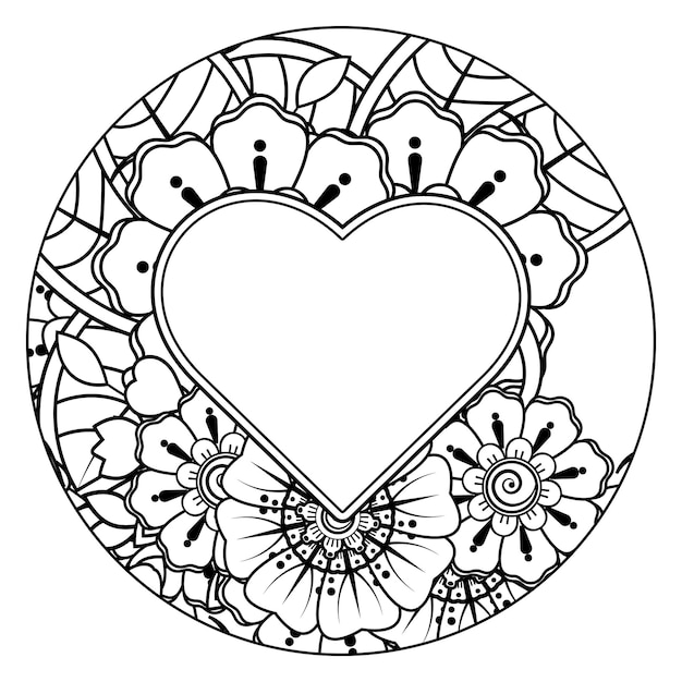 Mehndi flower with frame in shape of heart decoration in ethnic oriental doodle ornament