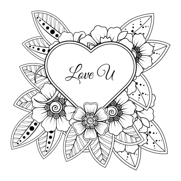 Mehndi flower with frame in shape of heart decoration in ethnic oriental doodle ornament