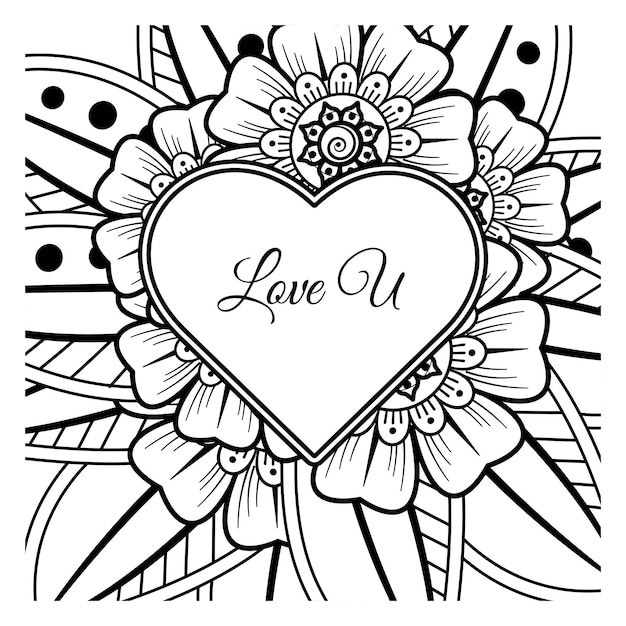 Mehndi flower with frame in shape of heart decoration in ethnic oriental doodle ornament