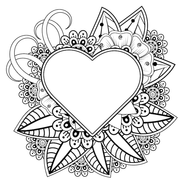 Mehndi flower with frame in shape of heart decoration in ethnic oriental doodle ornament