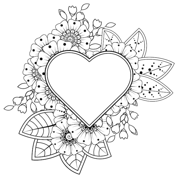 Mehndi flower with frame in shape of heart decoration in ethnic oriental doodle ornament