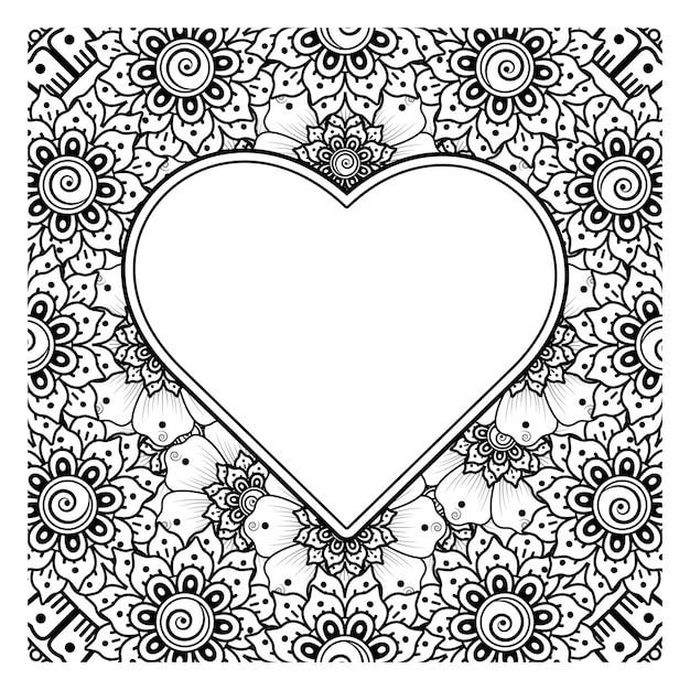 Mehndi flower with frame in shape of heart decoration in ethnic oriental doodle ornament