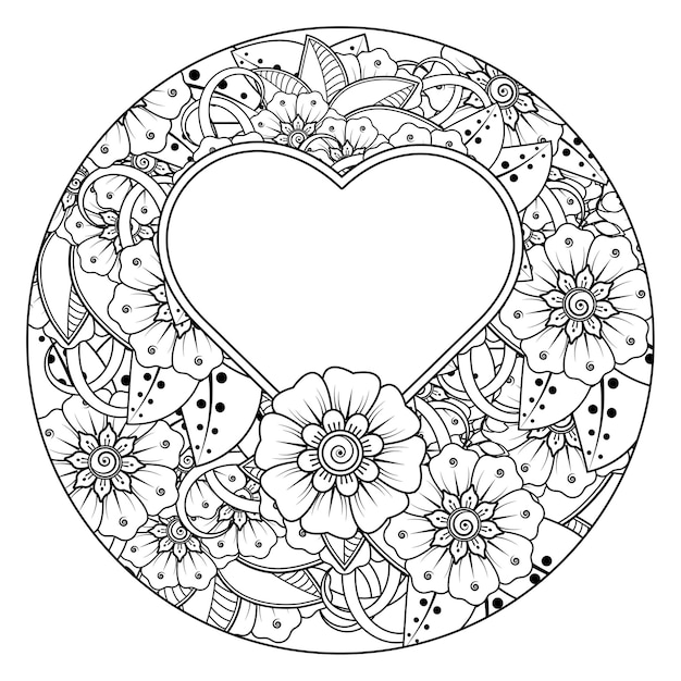 Mehndi flower with frame in shape of heart  in ethnic oriental style doodle ornament coloring book page