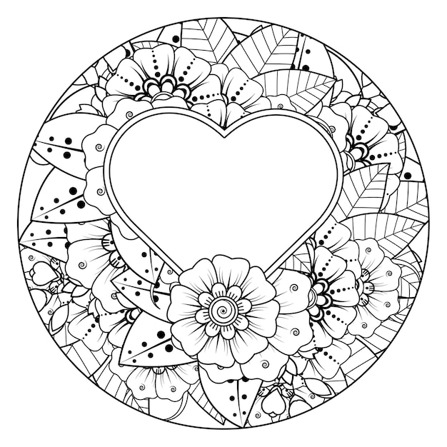 Mehndi flower with frame in shape of heart  in ethnic oriental style doodle ornament coloring book page