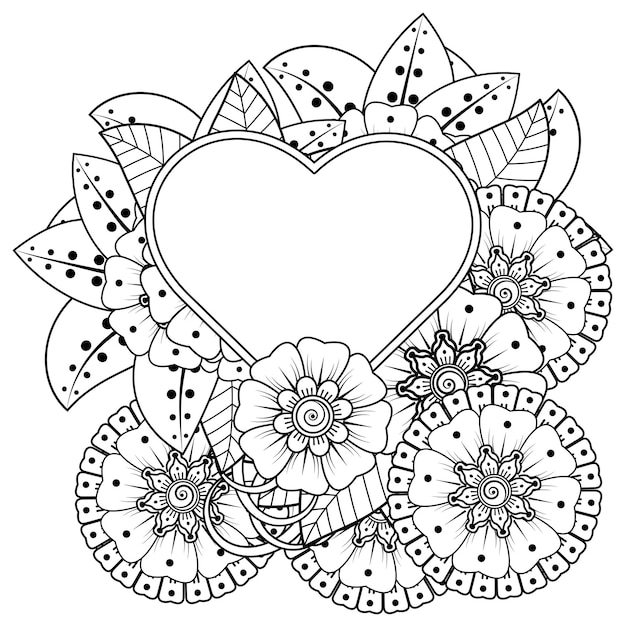 Mehndi flower with frame in shape of heart  in ethnic oriental style doodle ornament coloring book page