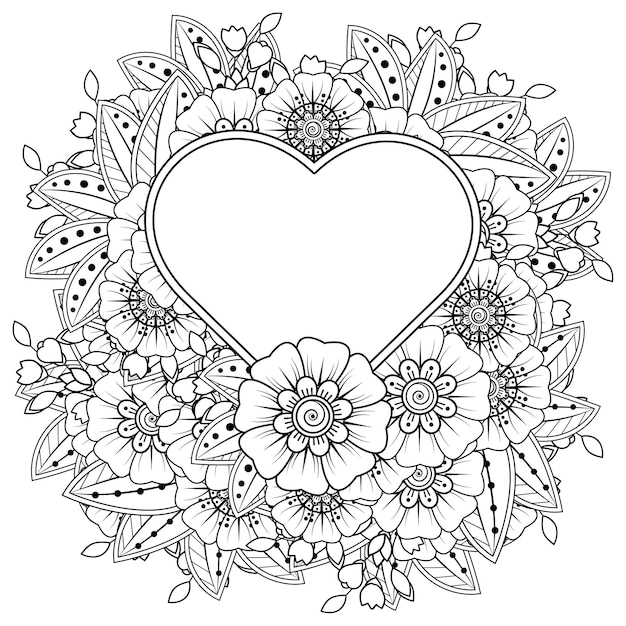 Mehndi flower with frame in shape of heart  in ethnic oriental style doodle ornament coloring book page