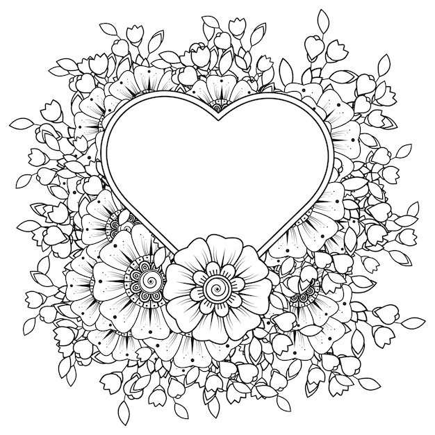 Mehndi flower with frame in shape of heart   in ethnic oriental style doodle ornament coloring book page