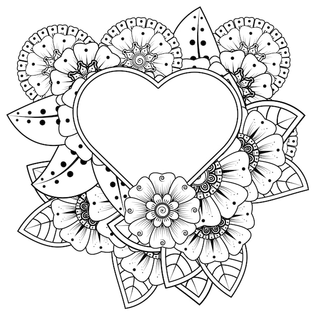 Mehndi flower with frame in shape of heart   in ethnic oriental style doodle ornament coloring book page