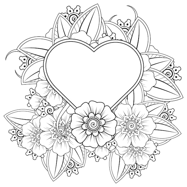 Mehndi flower with frame in shape of heart   in ethnic oriental style doodle ornament coloring book page