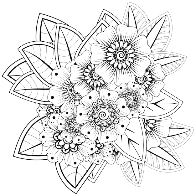 Mehndi flowers in ethnic style. Outline hand drawn  coloring page.