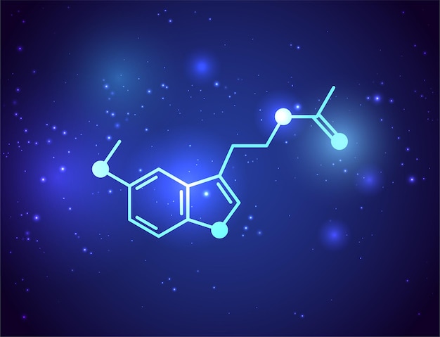 Melatonin chemical formula logo. control of the sleep wake cycle. Neurotransmitter and hormone