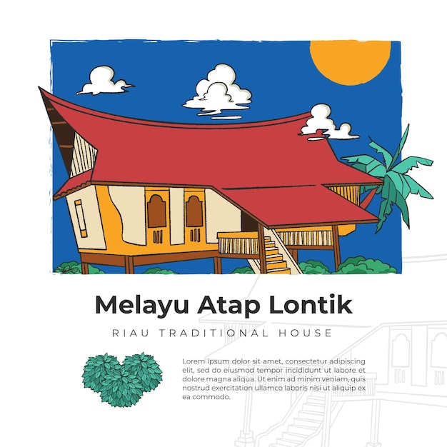 Melayu atap lontik traditional house hand drawn indonesia culture for social media or background