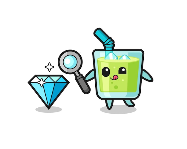 Melon juice mascot is checking the authenticity of a diamond