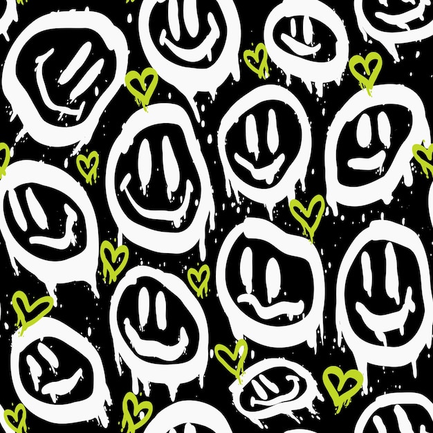 Vector melted graffiti smiley faces with hearts seamless pattern on black background