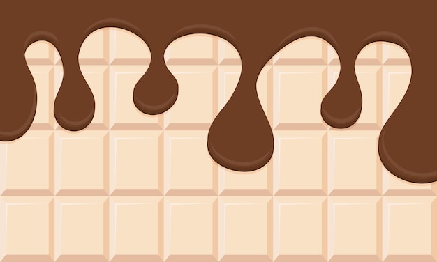 Melted milk chocolate dripping on white chocolate background