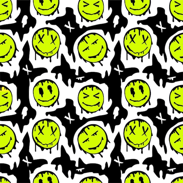 Melted smile faces trippy seamless pattern Retro hippie psychedelic distorted smile Smile face