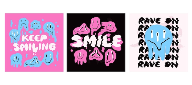 Melting faces Smiling phrase Pink groovy emoji dripping melty funny character and lettering 70s hippie psychedelic card print or poster vector cartoon flat style isolated illustration set