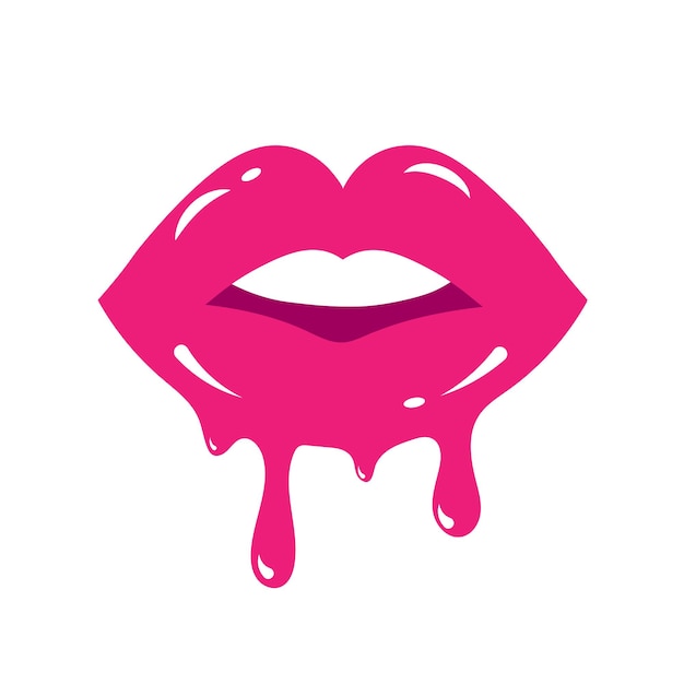 Melting glossy colored and sexy parted lips. Dripping with pink paint lips.