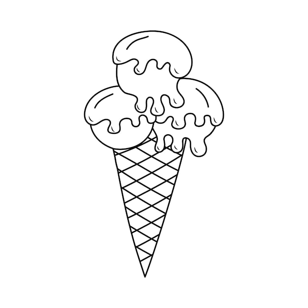 Melting ice cream balls in the waffle cone in doodle style