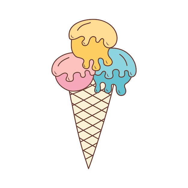 Melting ice cream balls in the waffle cone in doodle style