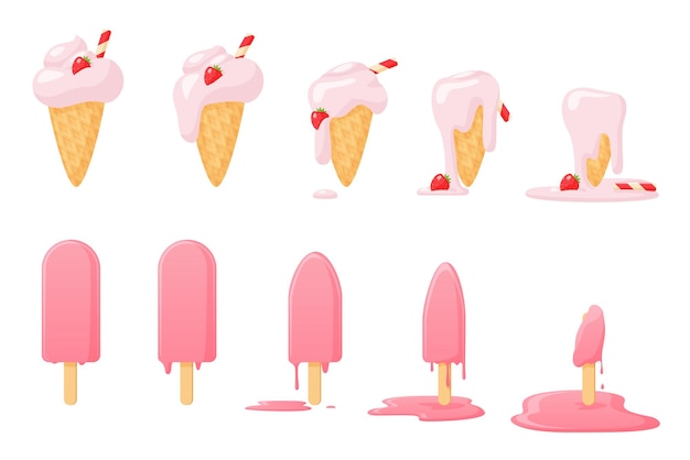 Vector melting ice cream set of animation sequence sundae in waffle cone and pink popsicle