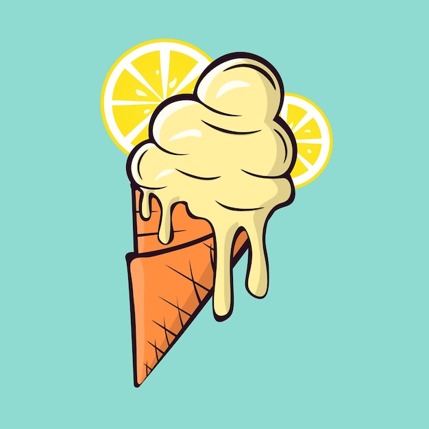 Melting lemon ice cream balls in the waffle cone isolated on blue background Vector flat outline icon Comic character in cartoon style illustration for t shirt design