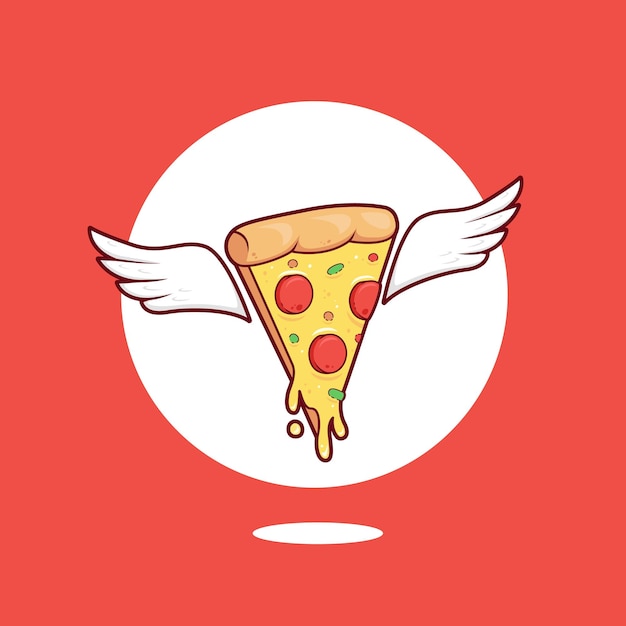 Melting mozzarella cheese pizza slice with wing illustration logo icon slice of pizza wing illustration