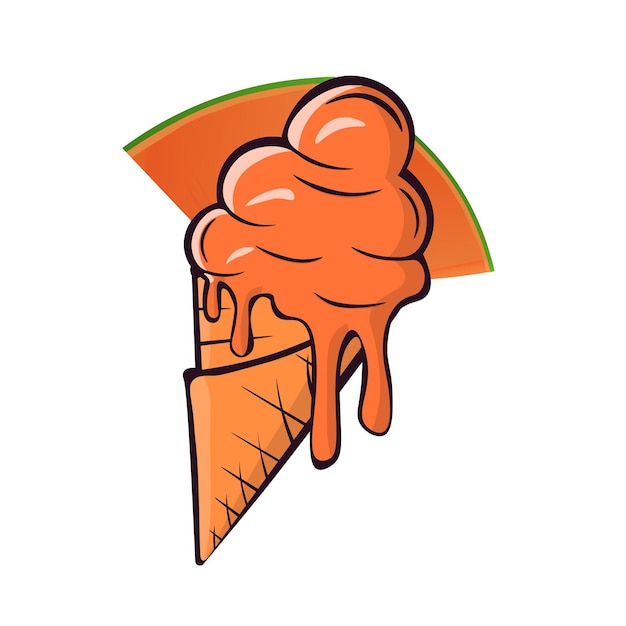 Melting papaya ice cream balls in the waffle cone isolated on white background Vector flat outline icon Comic character in cartoon style illustration for t shirt design