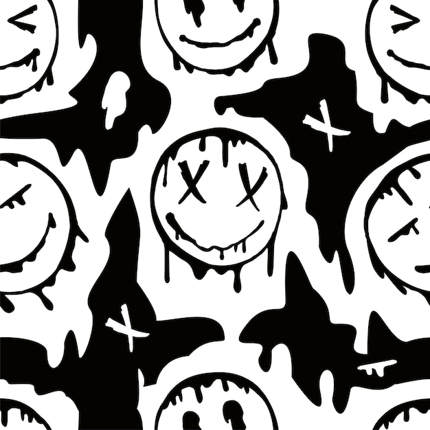 Melting smile seamless pattern Set of psychedelic smiles and blots Dripping smile Good mood Positive