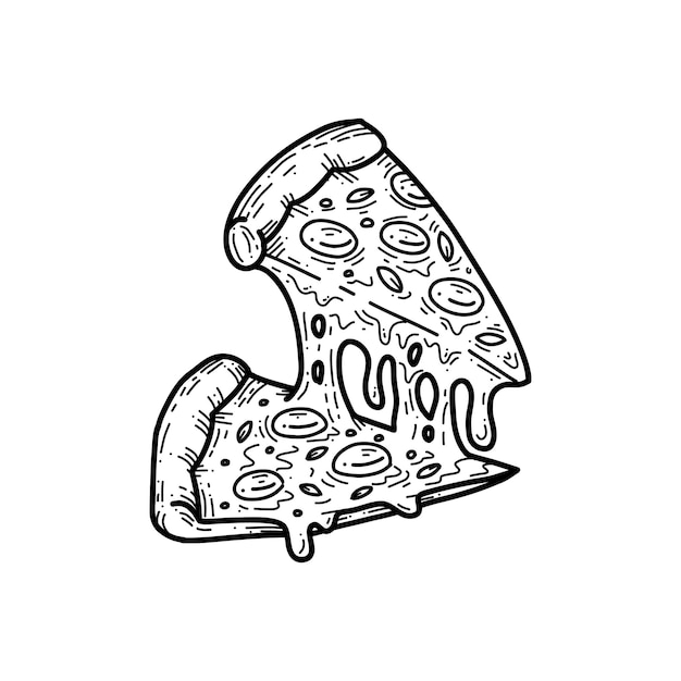 Melting two cheese pizza slice doodle food hand drawing illustration