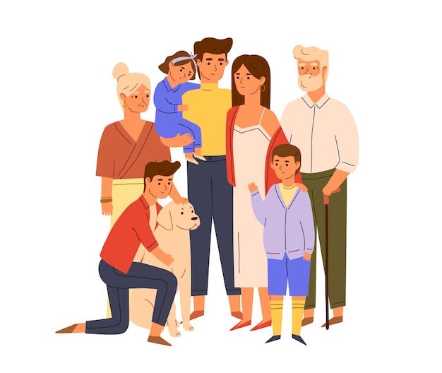 Members of big happy family standing together with senior grandparents, parents, children and dog. Portrait of mother and father with kids. Color flat vector illustration isolated on white background.