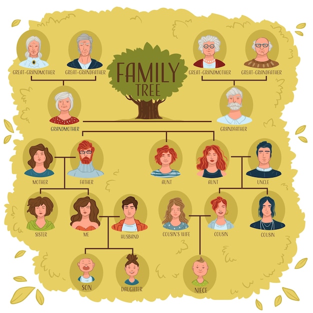 Vector members of family arranged schematically to show relationships and connection. ancestry and dynasty. genealogy and generations discoveries. parents and siblings, grandmother and father. vector in flat