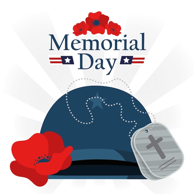 Vector memorial day helmet with a medal and poppies in flat design vector