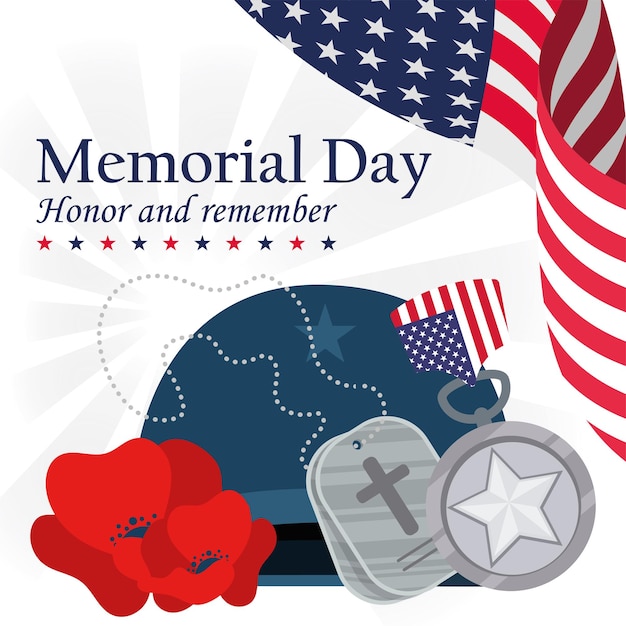 Vector memorial day helmet with medals and poppies in flat design vector