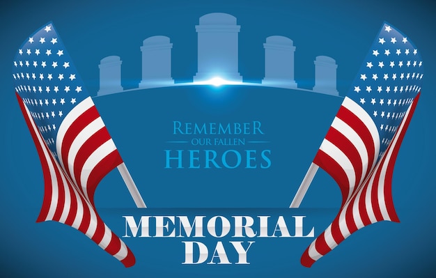 Memorial Day poster to honor fallen heroes with US flags and tombstone silhouettes