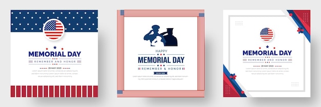 Vector memorial day social media post banner set background or typography design set remember and honor