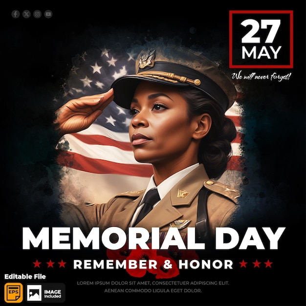 Memorial Day social media post template with image of soldier in front of American flag