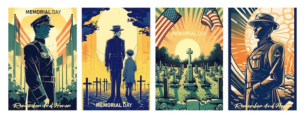 Memorial Day Vector illustration USA flag soldier in cemetery and a child on memorial dayRetro greeting card and poster design