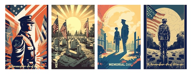 Memorial Day Vector illustration USA flag soldier in cemetery and a child on memorial dayRetro greeting card and poster design