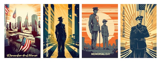 Memorial Day Vector illustration USA flag soldier in cemetery and a child on memorial dayRetro greeting card and poster design