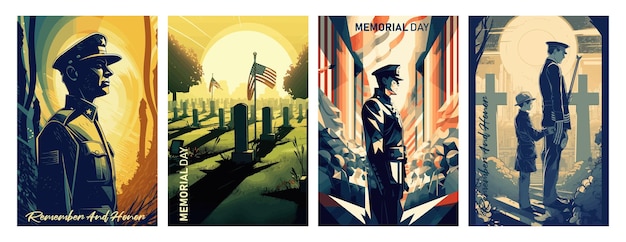 Memorial Day Vector illustration USA flag soldier in cemetery and a child on memorial dayRetro greeting card and poster design