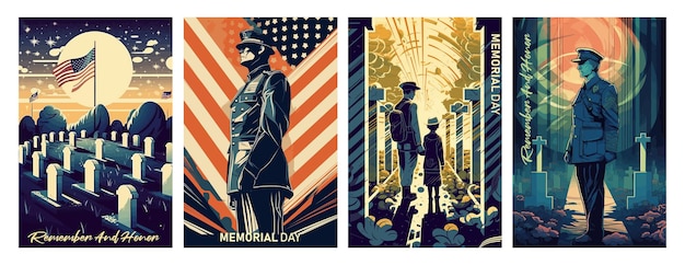 Memorial Day Vector illustration USA flag soldier in cemetery and a child on memorial dayRetro greeting card and poster design