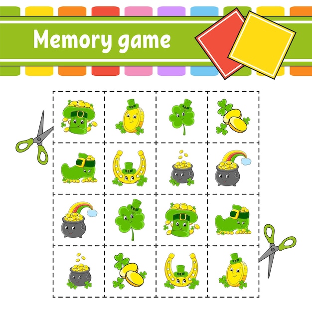 Memory game for kids Education developing worksheet Activity page with pictures Puzzle game for children Logical thinking training Funny character cartoon style Vector illustration