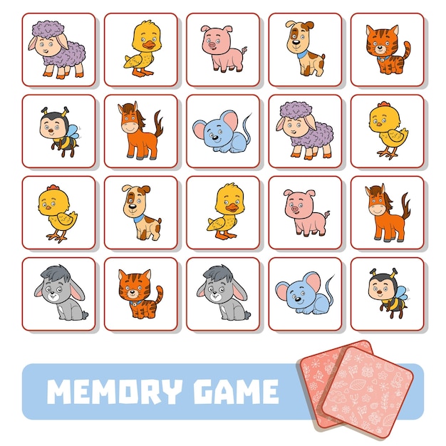 Memory game for preschool children, vector cards with Farm animals