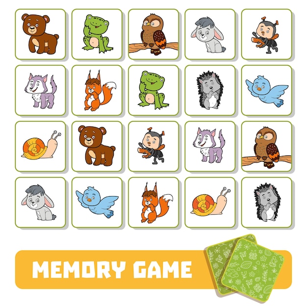 Memory game for preschool children, vector cards with forest animals