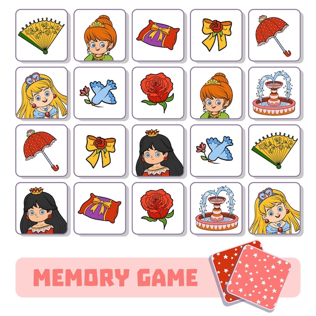 Memory game for preschool children, vector cards with princess and items