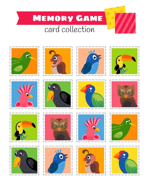 Memory game with cartoon birds. Kids learning collection.