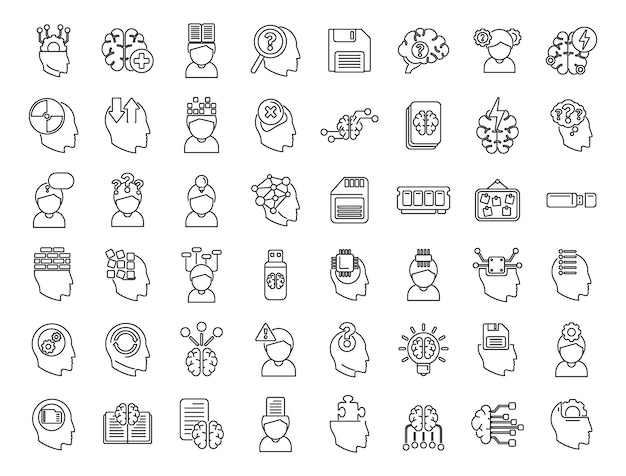 Memory icons set outline vector Brain alzheimer