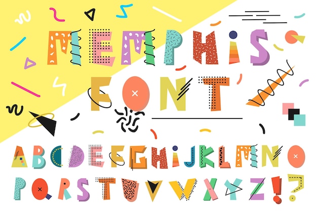 Memphis alphabet Colorful funny font Fashion 80s90s