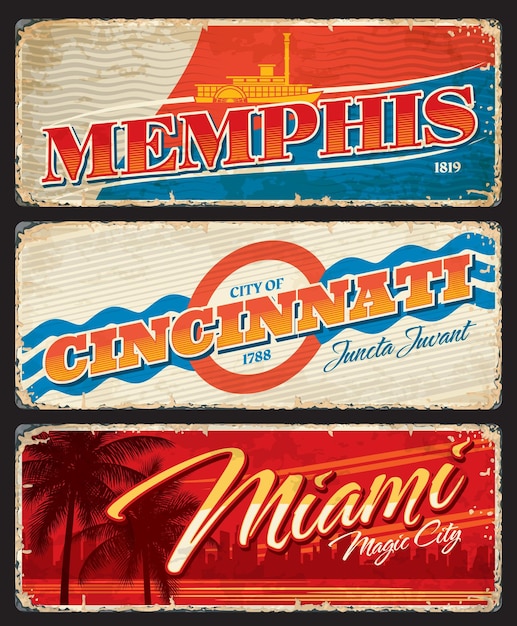 Memphis Cincinnati and Miami american cities plates and travel stickers United States of America grunge tin plate vector banner with worn sides American city symbols USA retro souvenir card